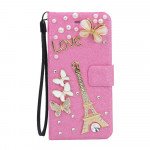 Wholesale Galaxy S6 Crystal Flip Leather Wallet Case with Strap (Eiffel Tower Hot Pink)